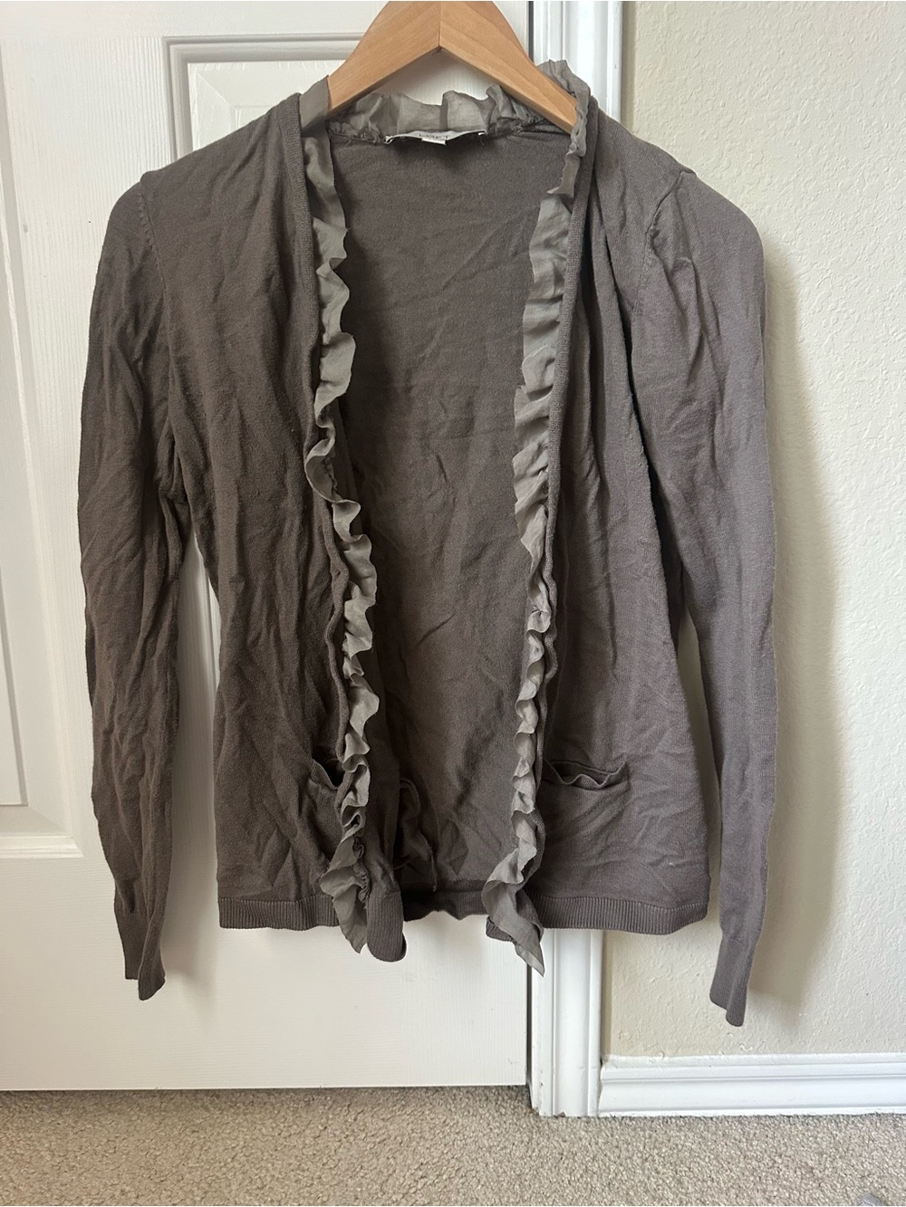 Ann Taylor LOFT Ruffle-Trim Open Cardigan Sweater - Taupe